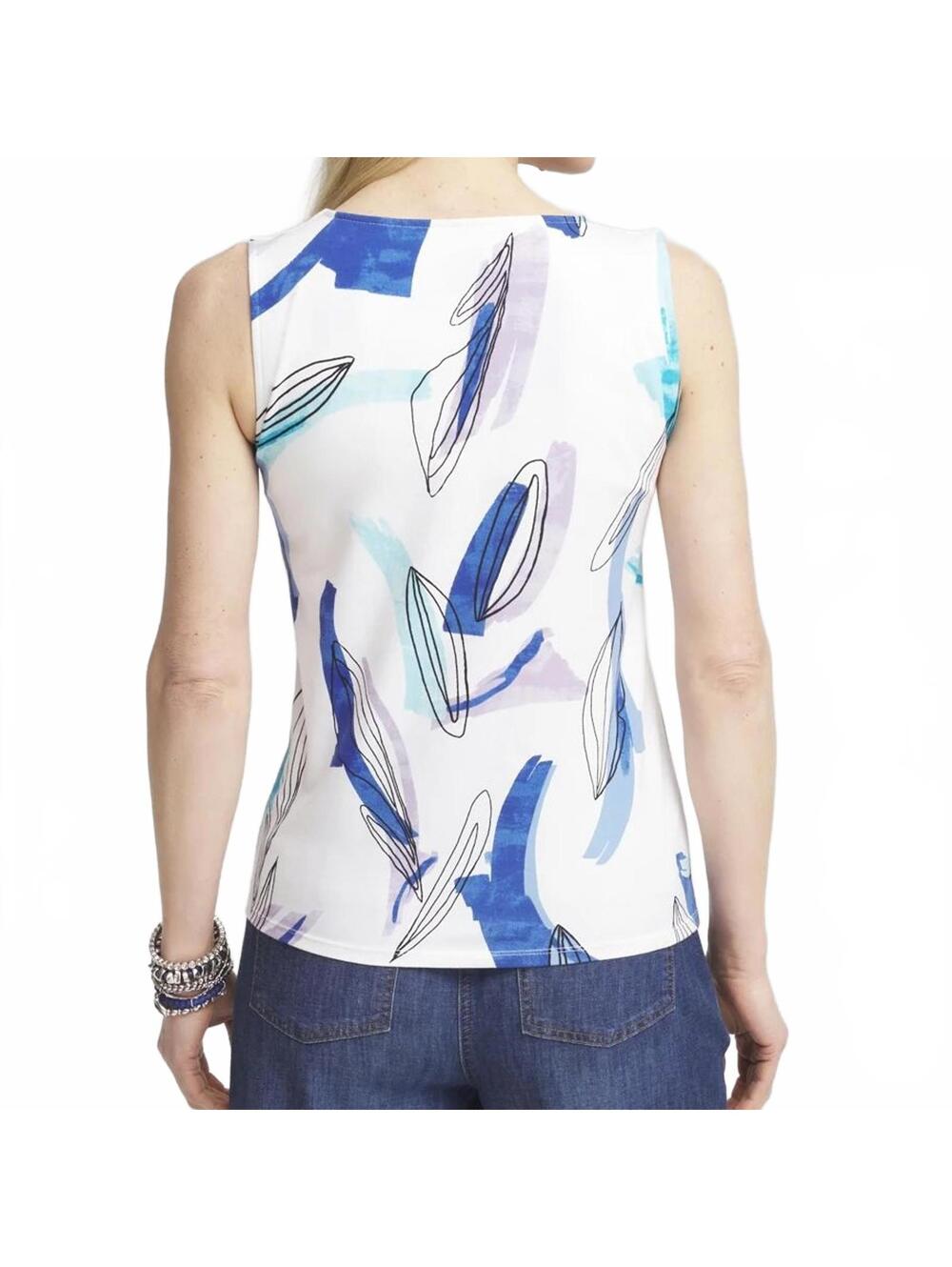 Chico's Cotton Painted Square-Neck Tank White Blue Abstract NWT Size 2 (12/14/L) - Picture 2 of 7